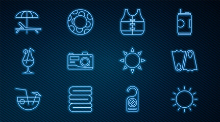 Poster - Set line Sun, Rubber flippers, Life jacket, Photo camera, Cocktail and alcohol drink, Sunbed umbrella, and swimming ring icon. Vector