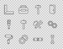 Set Line Paint Roller Brush, Wrench Spanner, Hammer, Gear, Corner Ruler, Construction Bubble Level And Hexagonal Metal Nut Icon. Vector