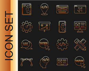 Set line UI or UX design, Crossed ruler and pencil, Planning strategy concept, Website statistic, development and icon. Vector