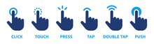 Finger Click Icon Vector Set. Touch, Press Tap, Push, Hold Hand Gesture Sign Symbol Illustration.