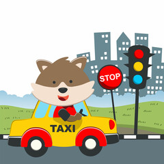 Animal taxi driver, vector cartoon illustration. Creative vector childish background for fabric, textile, nursery wallpaper, poster, card, brochure. and other decoration.