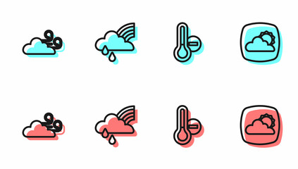 Wall Mural - Set line Meteorology thermometer, Windy weather, Rainbow with cloud and rain and Weather forecast icon. Vector