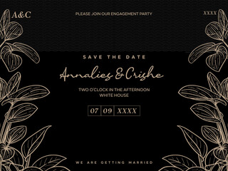 Wedding invitation card template with beautiful leaves vector