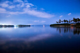 Fototapeta Desenie - beautiful lake at night with blue and dark sky, palm trees in the background and reflections in the water, coyuca lagoon in pie de la cuesta, acapulco guerrero 