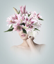 Collage Of Beautiful Woman And Bouquet Of Lily Flowers On Grey Background