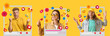 © Pixel-Shot - Group of happy young bloggers on yellow background