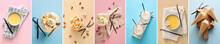 Set Of Delicious Vanilla Desserts On Color Background, Top View