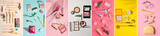 Collection of decorative cosmetics and makeup brushes on color background, top view