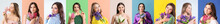 Set Of Pretty Young Women Holding Hyacinth Flowers On Colorful Background
