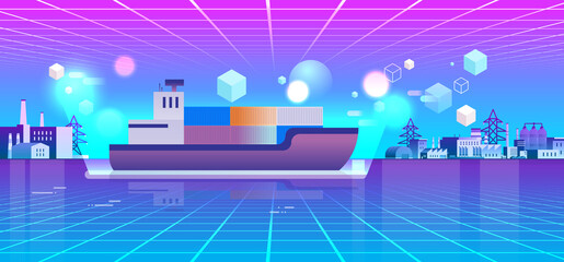 neon container ship at industrial port view through vr glasses logistic and transportation metaverse