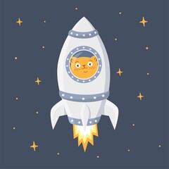 Wall Mural - A cute ginger cat flies in a spaceship. The rocket flies into space. Children's vector illustration 