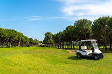 Panoramic View Of Beautiful Golf Course With Buggy And Pines On Sunny Day. Golf Field With Fairway, Lake And Pine-trees