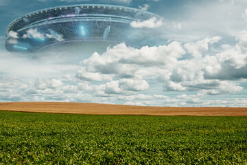 Wall Mural - flying saucer in the sky, ufo. mixed media