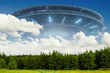 Wall Mural - flying saucer in the sky, ufo. mixed media