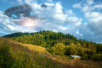 Wall Mural - flying saucer in the sky, ufo. mixed media