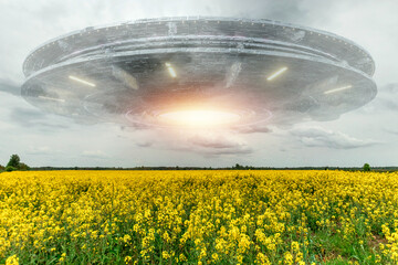 Wall Mural - flying saucer in the sky, ufo. mixed media