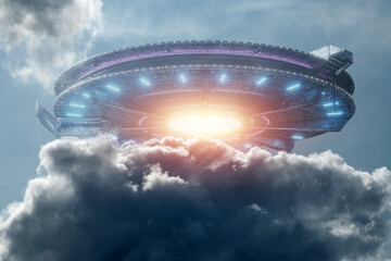 Wall Mural - flying saucer in the sky, ufo. mixed media