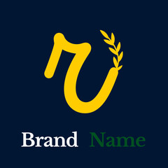 Creative simple logo yellow letter r grow branched leaves on dark blue background