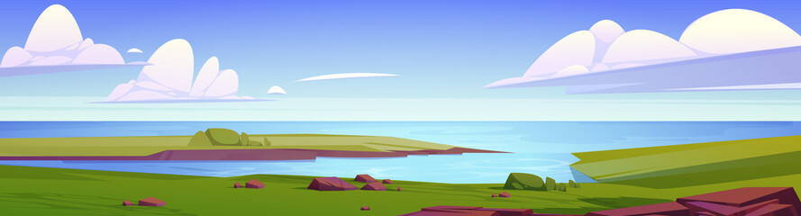 Summer landscape with lake, green fields and rocks. Vector cartoon illustration of nature panorama with river or sea strait with blue water and empty coast on horizon
