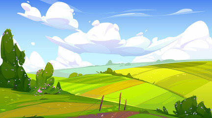 rural landscape with green agriculture fields, path and bushes with flowers. vector cartoon panorami