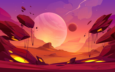 Wall Mural - fantastic landscape of alien planet with rocks, flying stones and glowing yellow spots. vector carto