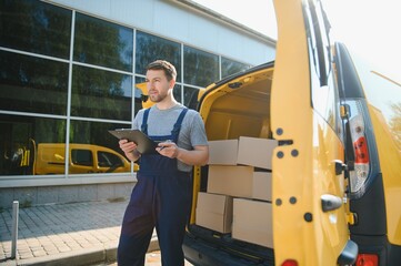 Canvas Print - young delivery man courier in uniform hold documents clipboard checking list parcel post boxes near a car for service shipment to customer, Online shopping service concepts.