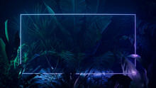 Cyberpunk Background Design. Tropical Plants With Green And Purple, Rectangle Shaped Neon Frame.