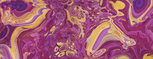 Contemporary Art Banner. Paint Swirls In Beautiful Purple And Yellow Colors, With Gold Powder.