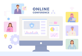 Wall Mural - business people having online video conference. screens of people online are visible around the comp