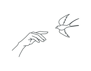 Wall Mural - bird flying to the hand. minimalistic trend vector illustration. a symbol of peace