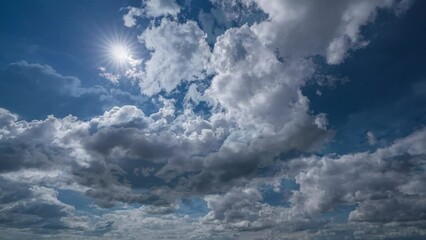 blue sky white clouds. puffy fluffy white clouds. cumulus cloud cloudscape timelapse. summer blue sk