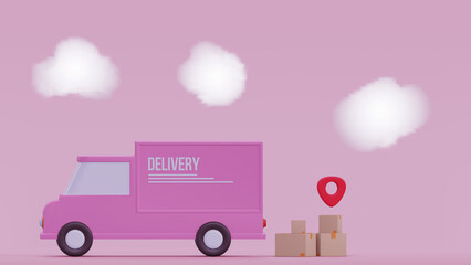 Wall Mural - Concept delivery car paper boxes. Shipment delivery by truck and Pin pointer mark location delivery transportation logistics concept on pink background 3d rendering illustration