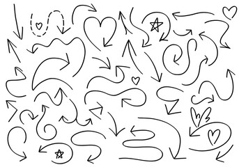 A set of raster handwritten elements in the form of neat arrows of various shapes