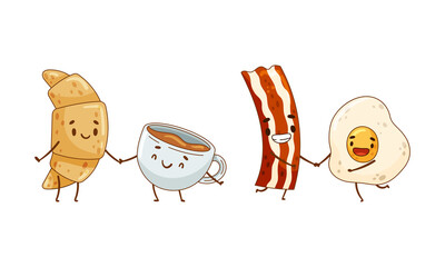 Fast food set. Fried bacon and egg, croissant and coffee are friends forever cartoon vector illustration