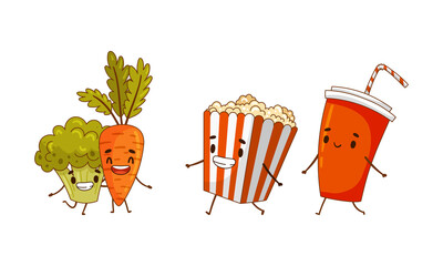 Poster - Fast food set. Carrot and broccoli, popcorn and soda drink are friends forever cartoon vector illustration