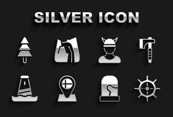 Sticker - Set Location flag Iceland, Wooden axe, Ship steering wheel, Christmas mittens, Lighthouse, Viking head, Tree and Waterfall icon. Vector