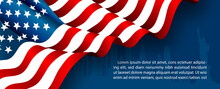Closeup And Crop Of The U.S.A Flag With Example Texts On Landscape Of City Pattern And Navy Background.  Background. Card And Poster Of The U.S.A Independent Day In Vector Design.