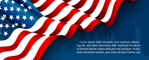 Closeup and crop of The U.S.A flag with example texts on landscape of city pattern and navy background.  background. Card and poster of the U.S.A independent day in vector design.