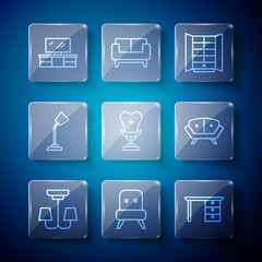 Poster - Set line Chandelier, Armchair, Office desk, Wardrobe, Table lamp, TV table stand and Sofa icon. Vector