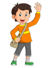 Poster - The happy boy is ready for school and waving the hand