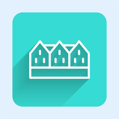 Sticker - White line Icelandic wooden house icon isolated with long shadow background. Architecture element of Iceland. Green square button. Vector