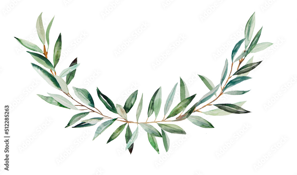 Ilustração Watercolor wreath made of olive branches with green leaves ...