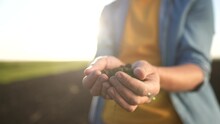 Soil In The Hands Of The Farmer. Agriculture. Close-up A Of Farmers Hands Holding Black Soil In Their Hands, Fertile Land. Garden Field Ground Fertile Concept. Sun Worker Holding Soil Plowed Field