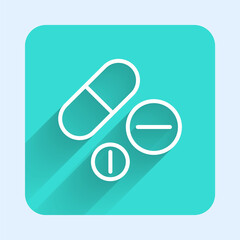 Wall Mural - White line Medicine pill or tablet icon isolated with long shadow background. Capsule pill and drug sign. Pharmacy design. Green square button. Vector