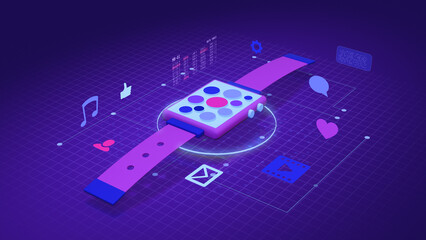 Wall Mural - low poly style illustration of a smart watch with app icons, concept of mobile, modern technology (3