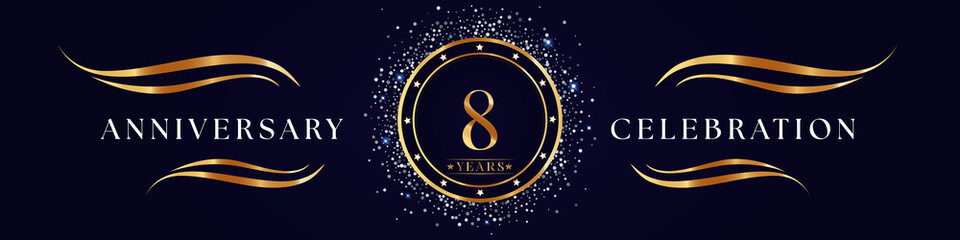 8 Years Anniversary Logo Golden Colored isolated on purple blue background. Poster Design for anniversary event party, wedding, birthday party, ceremony, greetings and invitation card.