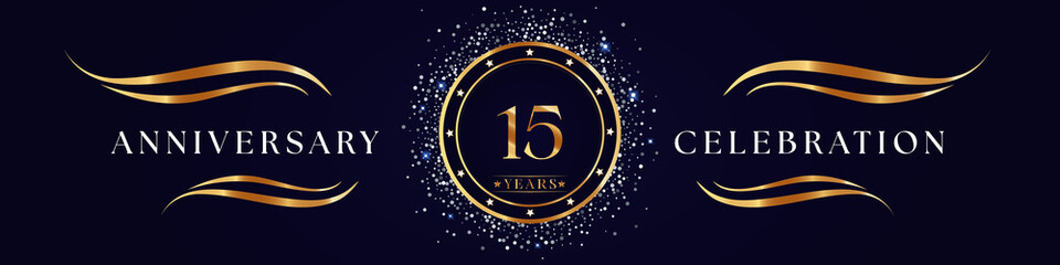 Wall Mural - 15 Years Anniversary Logo Golden Colored isolated on purple blue background. Poster Design for anniversary event party, wedding, birthday party, ceremony, greetings and invitation card.