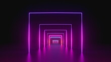 Looped 3d Animation, Neon Tunnel With Rotating Square Frames. Abstract Cycled Background