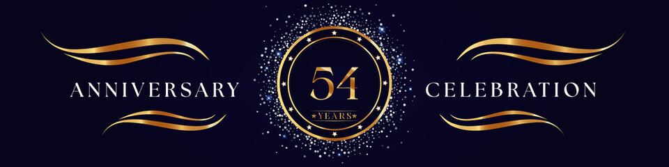 54 Years Anniversary Logo Golden Colored isolated on purple blue background. Poster Design for anniversary event party, wedding, birthday party, ceremony, greetings and invitation card.