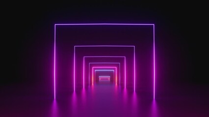 Wall Mural - looped 3d animation, neon tunnel with rotating square frames. Abstract cycled background